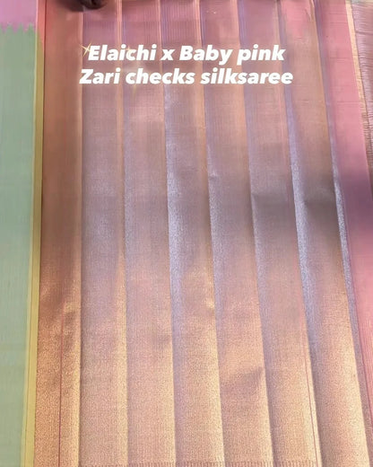 Elaichi Mist with Baby Pink Zari Checks Tissue Silk Saree