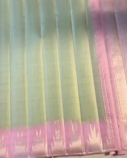 Elaichi Mist with Baby Pink Zari Checks Tissue Silk Saree