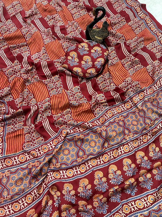 Authentic Saree Crafted in Semi Gaji Silk with Ajrakh Bandhej Art