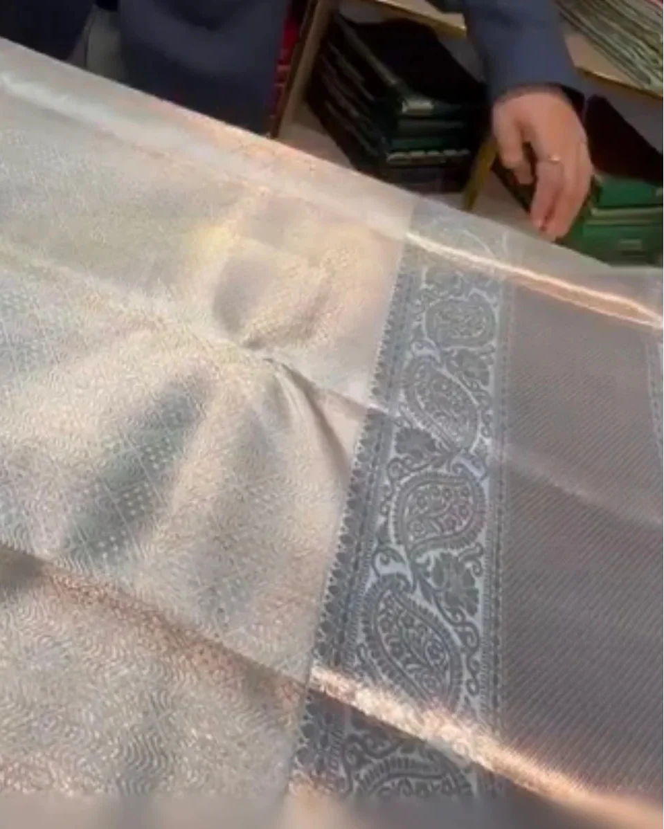 A close-up of a metallic silver fabric, likely a saree, showing its woven texture, sheen, and a detailed paisley border.