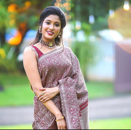 Elegant Maroon Silk Saree with All-Over Woven Motifs