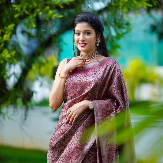 Elegant Maroon Silk Saree with All-Over Woven Motifs
