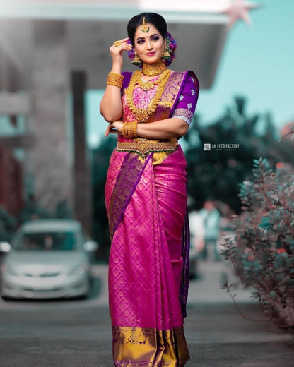 Royal Magenta Kanchipuram Silk Saree with Gold Zari Work