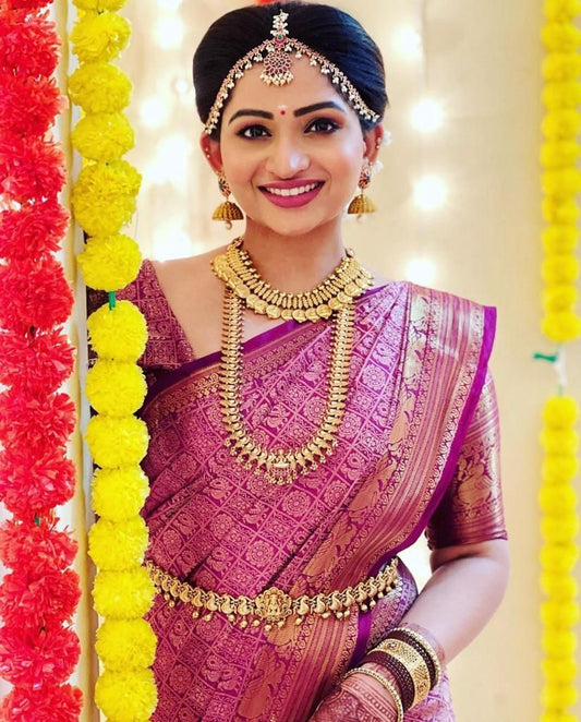 Bridal Pink Kanchipuram Silk Saree with Rich Zari Work
