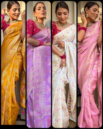 Easy-Drape Lichi Silk Saree with Banarasi Motifs