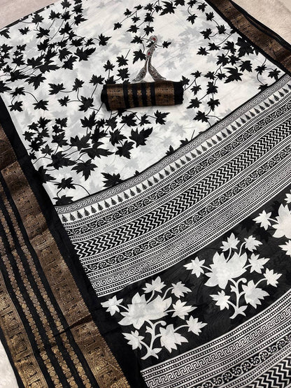 Pure Dola Silk Saree with Jacquard Border & Kalamkari Print