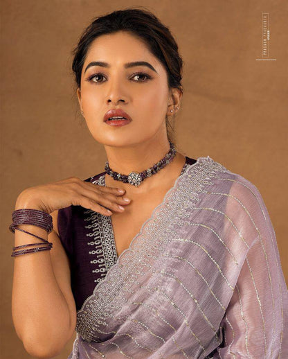 Soft Burberry Fabric Designer Saree with Sequins & Zari Work